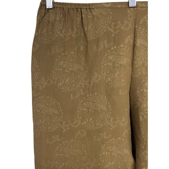 Citron Women Brown Silk Crop Plus Size Pant 1X Stretch Jacquard Bird Floral New - Picture 3 of 9